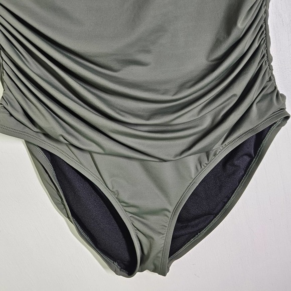 Hilor‎ One Shoulder One Piece Swimsuit 16 Olive Green Asymmetrical Ruffle - Picture 4 of 12